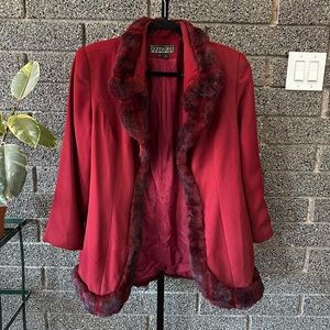 Vintage 1980s Donna Vinci Couture Maroon Jacket With Faux Fur Collar